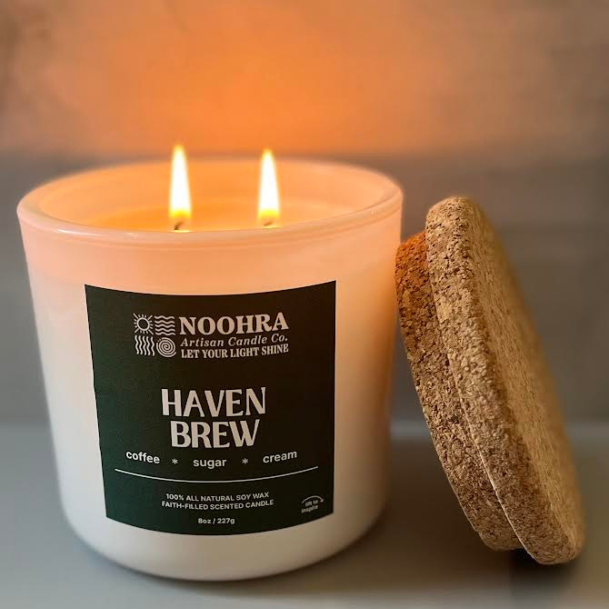 A soy candle that say Haven Brew